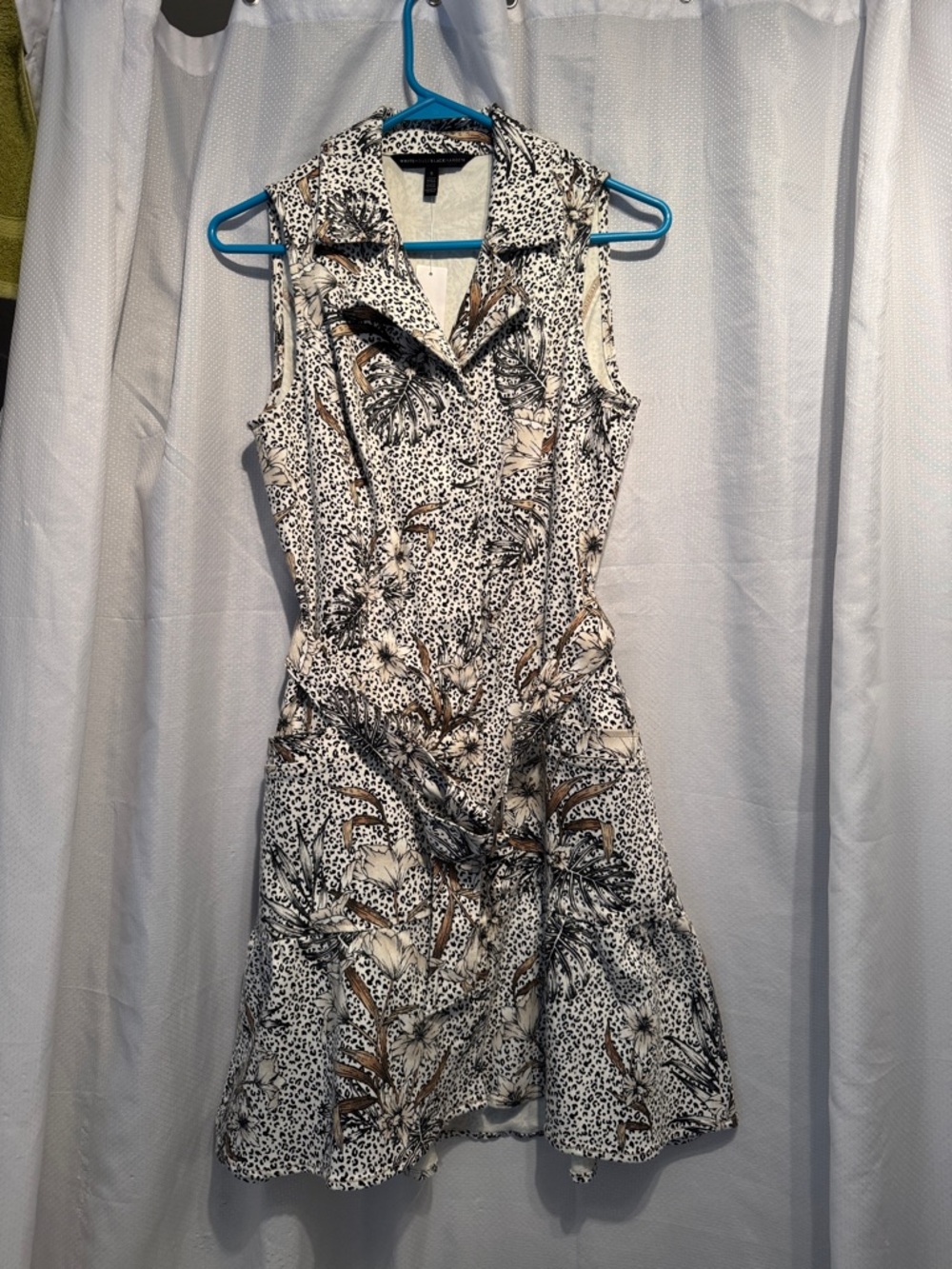 WHBM: Sleeveless Beige & Black Palm-Print Fit-and-Flare Dress